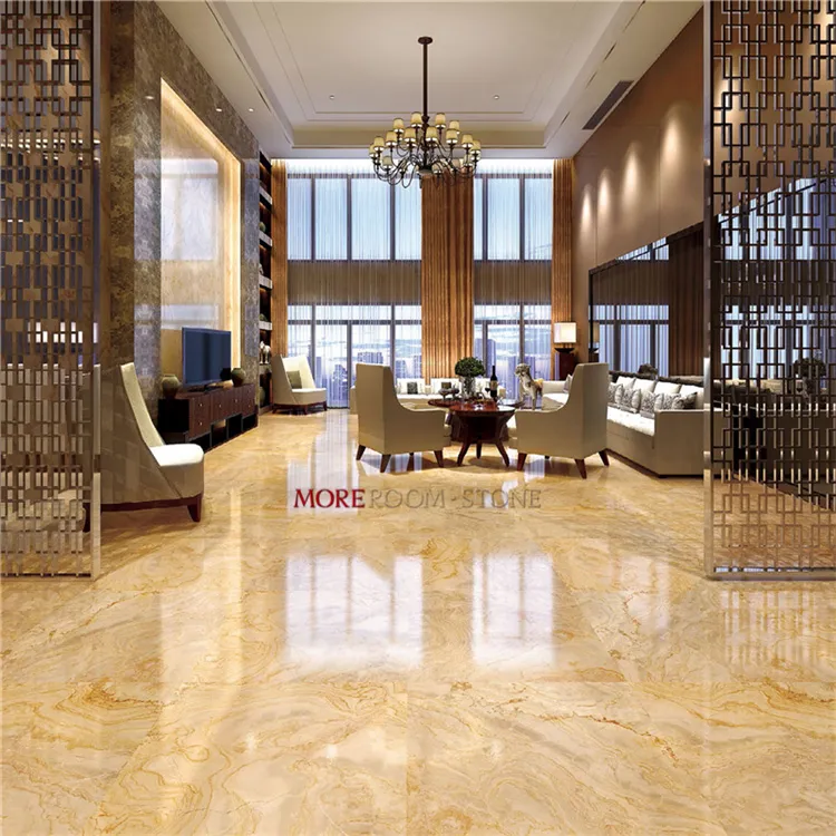 Luxurious Italian-style golden marble porcelain floor tiles in an elegant living room interior