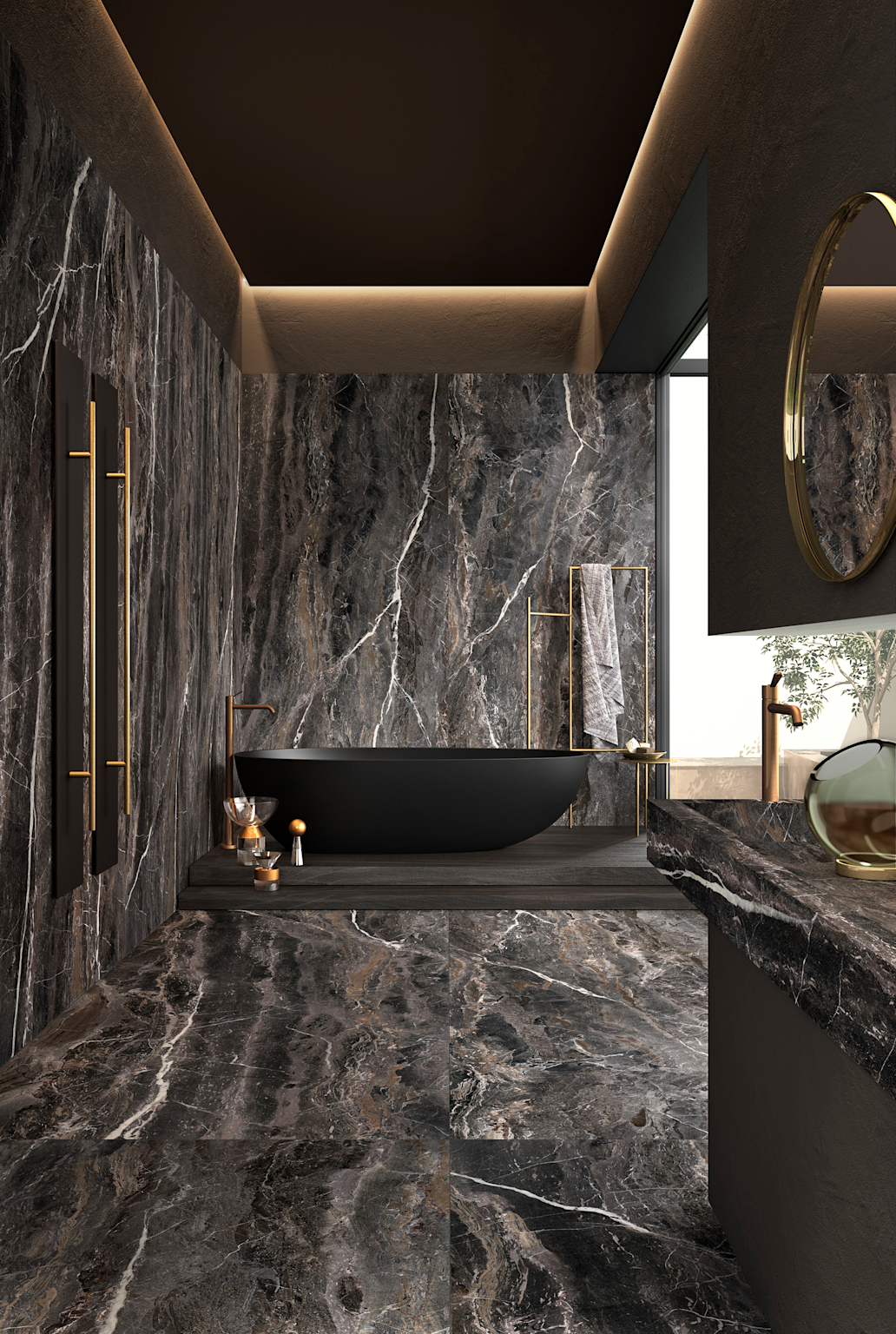 Luxury bathroom showcasing dark Italian-style marble tiles and premium design elements