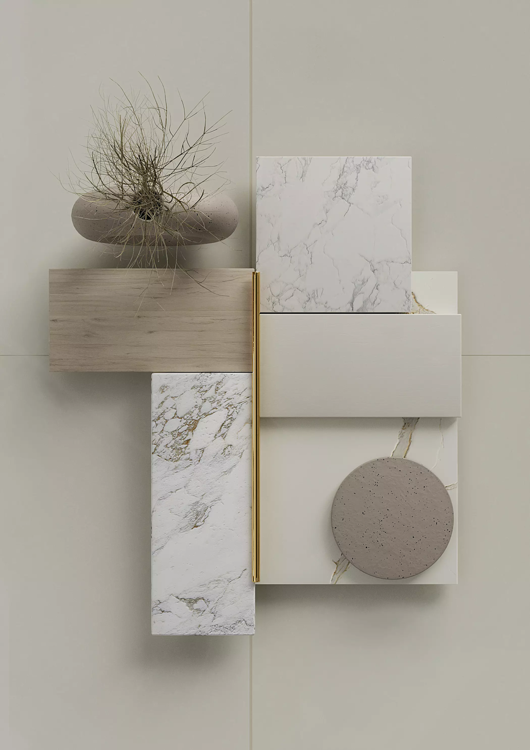 Luxury Italian ceramic tiles with marble and wood textures arranged stylishly for design showcase