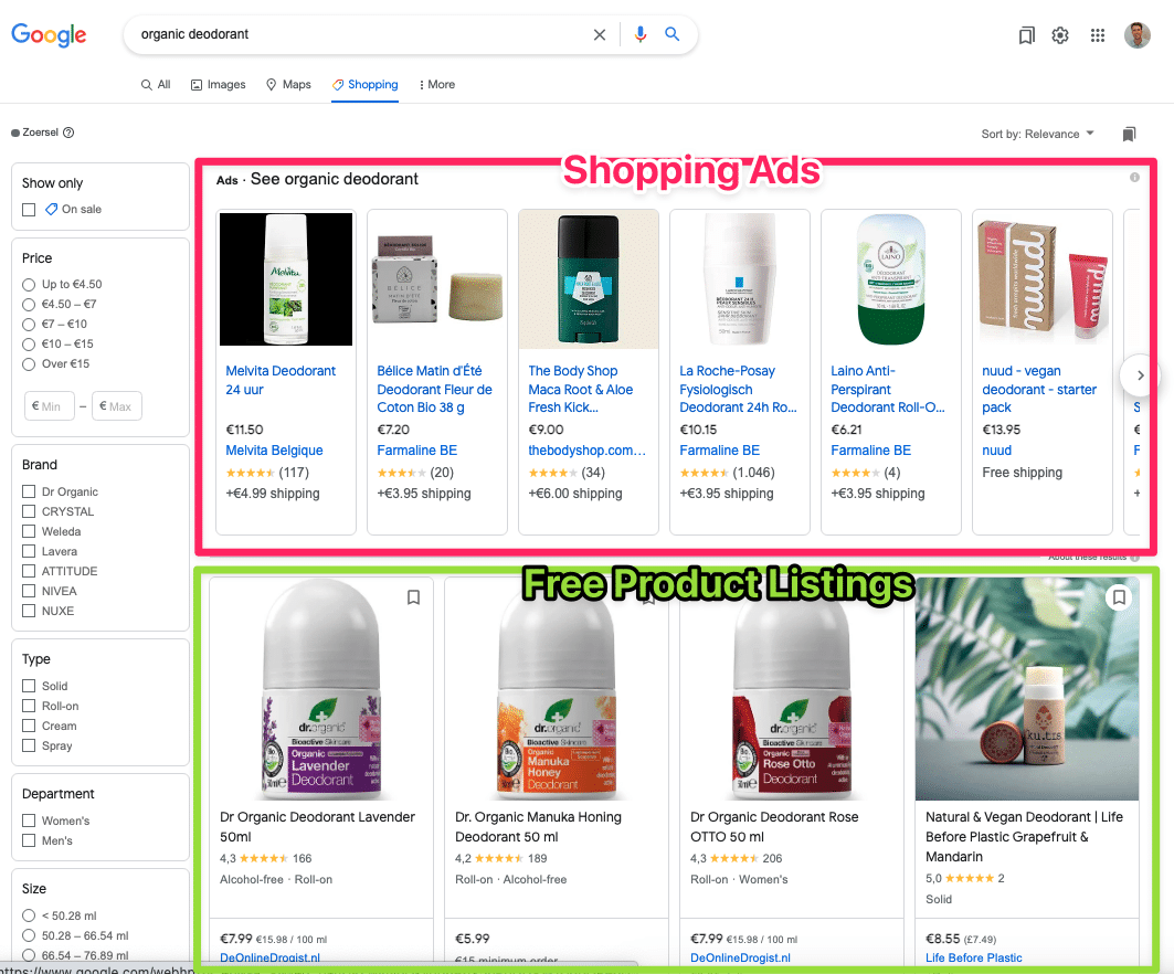 Interface Google Shopping avec listings payants et gratuits