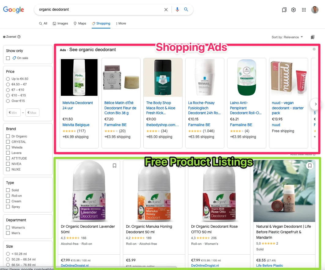 Google Shopping interface with paid and free listings Google Shopping interface with paid and free listings