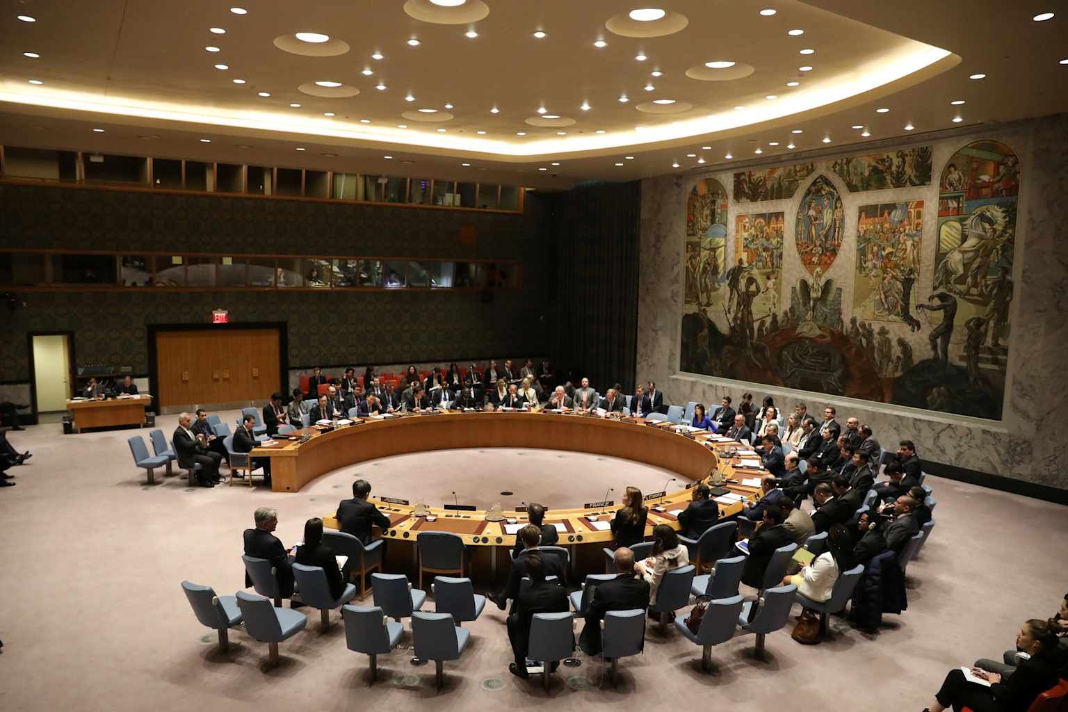 The United Nations Security Council chamber representing global governance and international cooperation.