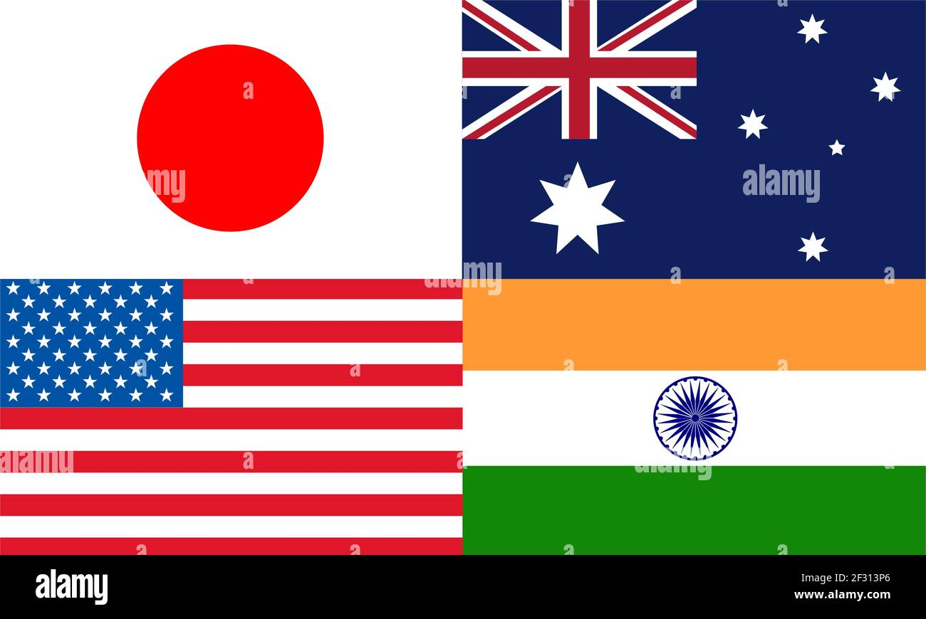 Flags of the QUAD alliance countries: Japan, Australia, USA, and India shown together in a grid.