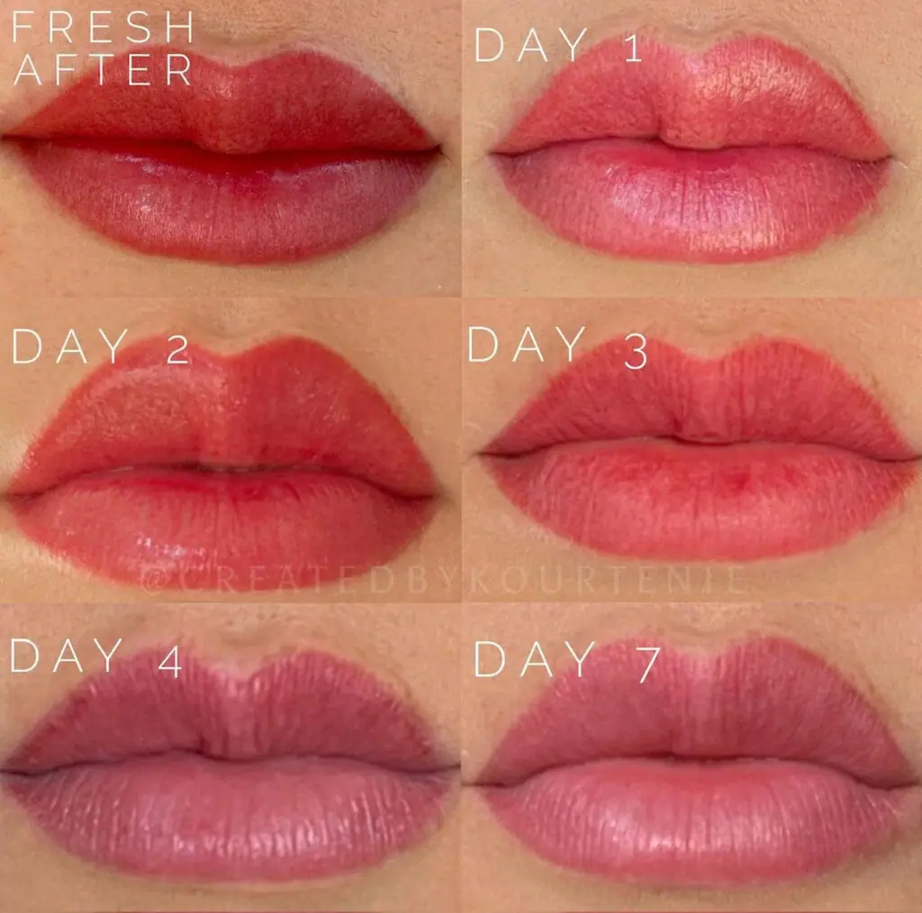 Lip blush tattoo healing timeline showing days 1-7