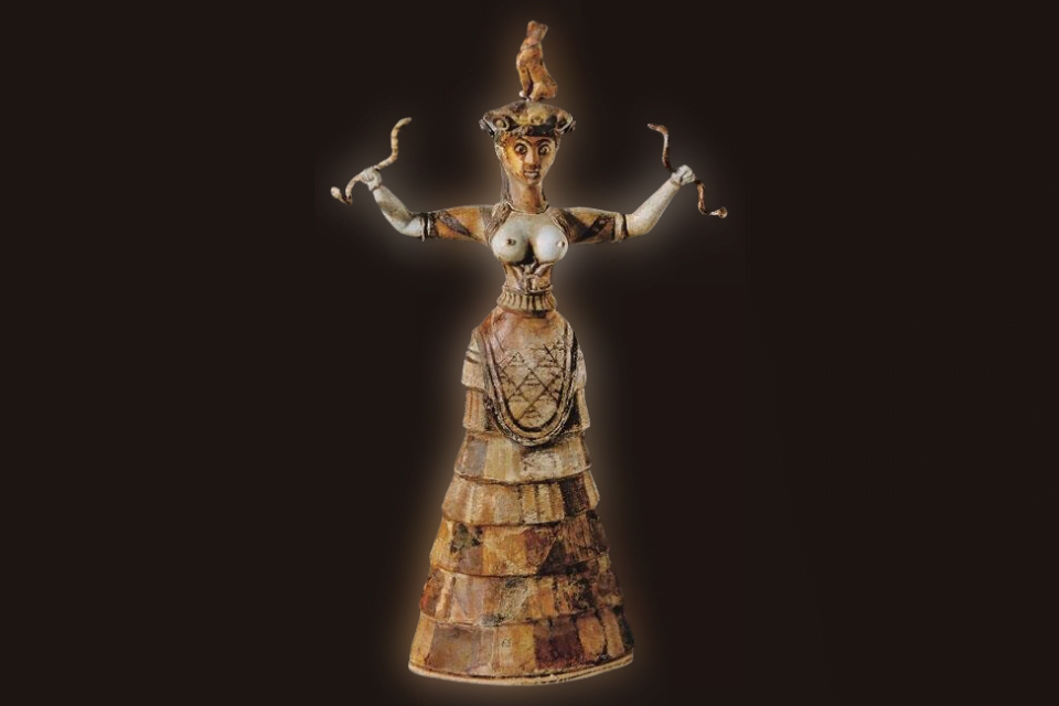 Ancient Minoan Snake Goddess figurine symbolizing feminine spirituality and power from Crete's Knossos Palace archaeological site