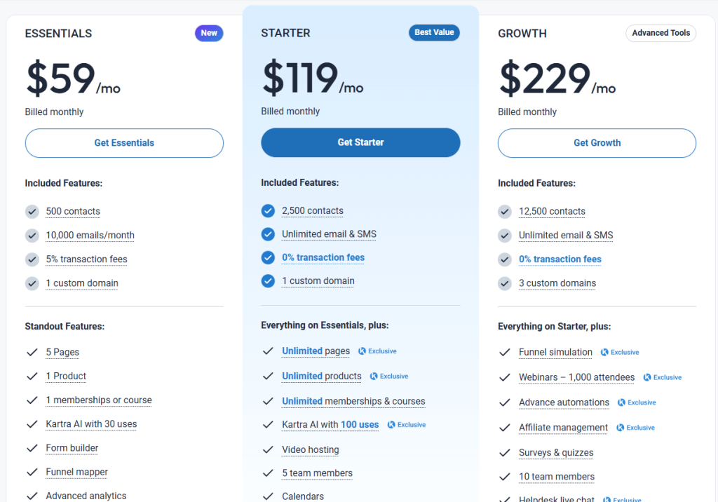 Kartra pricing plans comparison showing Essential, Starter, and Growth tiers with features and monthly costs
