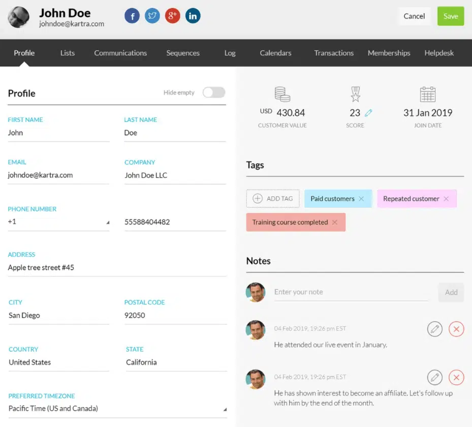 Kartra user profile dashboard showing customer details, tags, scores, and notes for efficient customer management