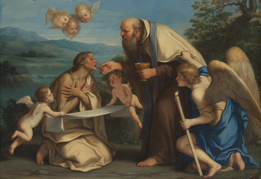 Religious painting of Saint Mary of Egypt meeting Saint Zosimas in the desert, surrounded by angels