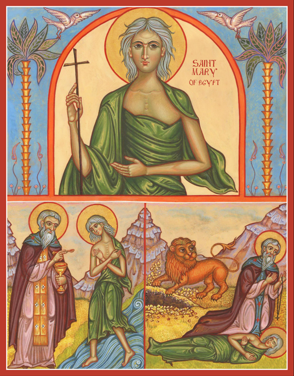Byzantine icon of Saint Mary of Egypt with scenes from her life highlighting her sainthood and devotion