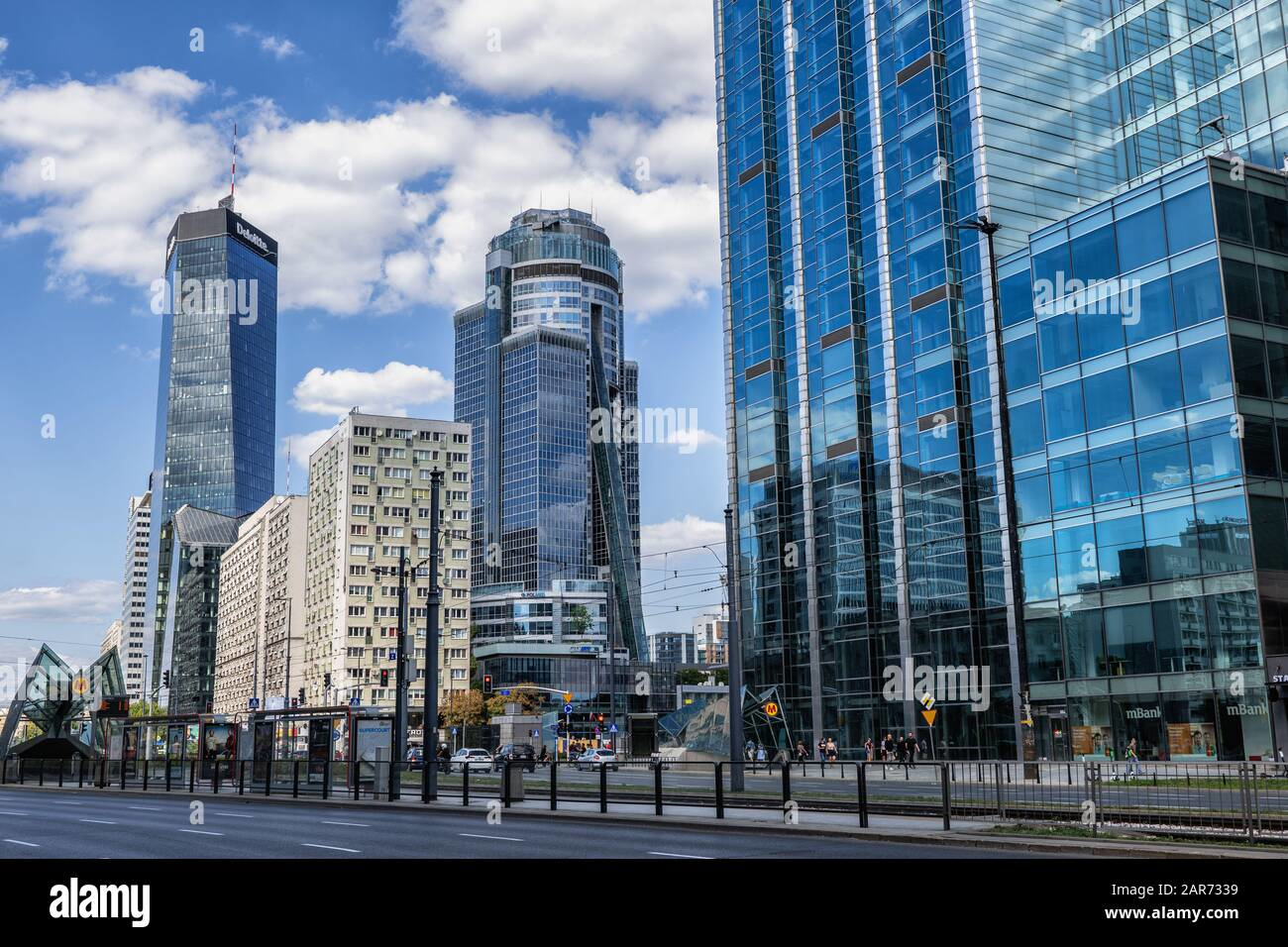 Modern skyscrapers and apartment buildings in Warsaw, Poland, showcasing urban development and investment potential