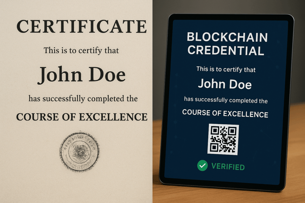 Comparison of traditional paper certificate and blockchain-based digital credential secured on a tablet