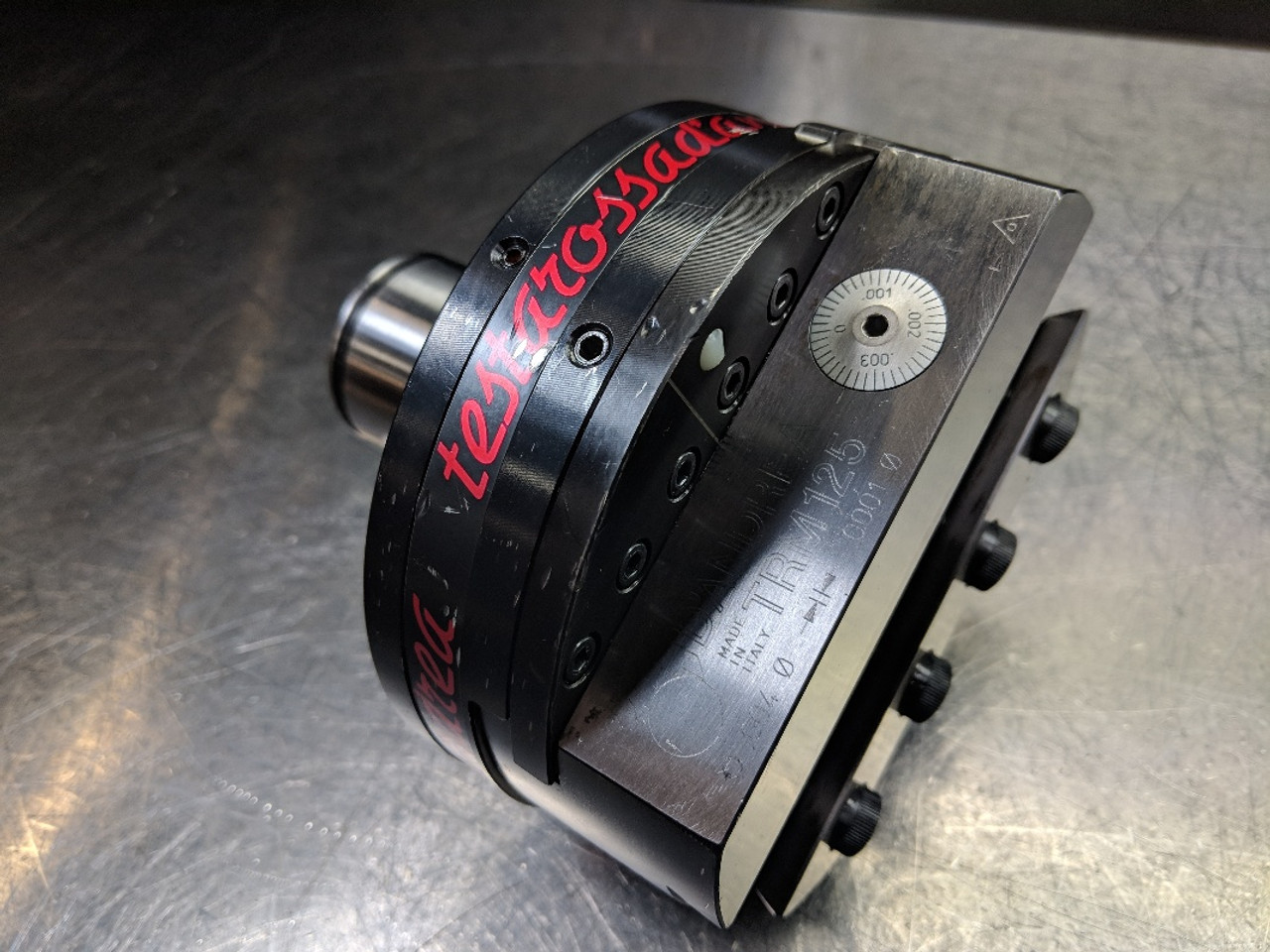 D'Andrea Testarossa TRM125 micrometric boring head showing detailed engraved markings and adjustment features