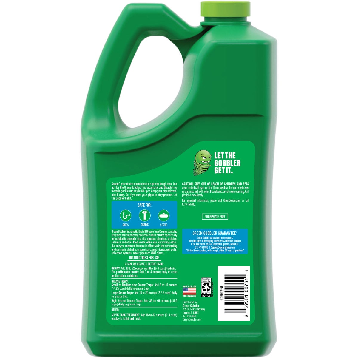 Green Gobbler enzyme drain cleaner in a biodegradable bottle, highlighting eco-friendly, enzyme-based cleaning formulation
