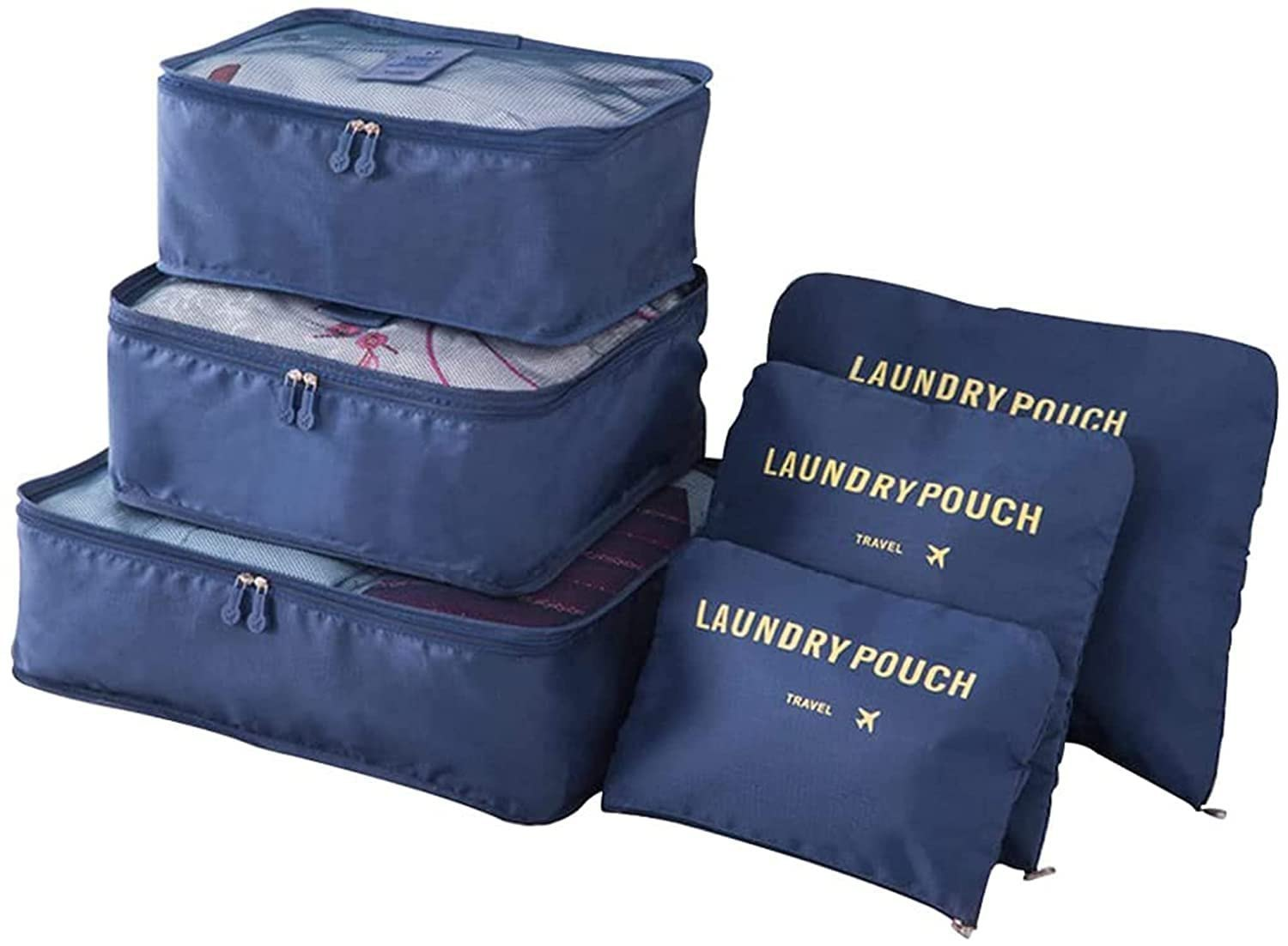 Navy blue travel packing cubes and laundry pouches for efficient organization and space-saving in luggage
