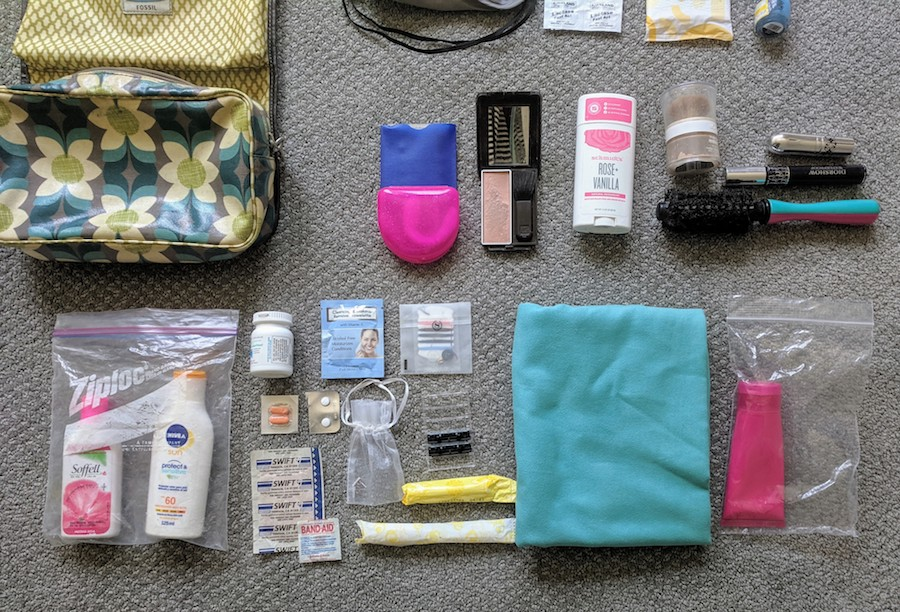 Minimalist travel toiletries and essentials organized for a week-long trip to help pack light and efficiently
