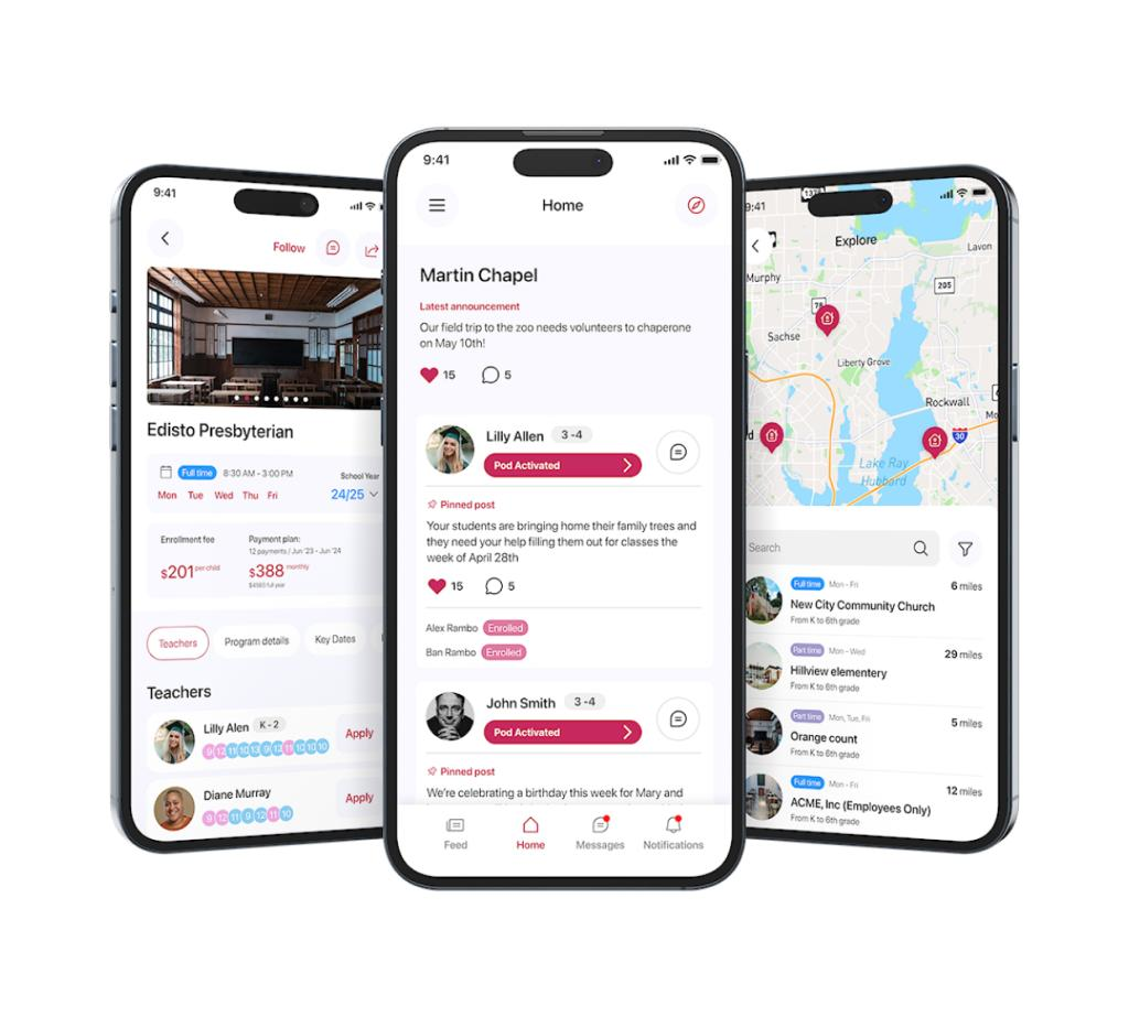 Screenshots of a modern educational app showcasing school details, community posts, and location-based exploration features for enhanced engagement