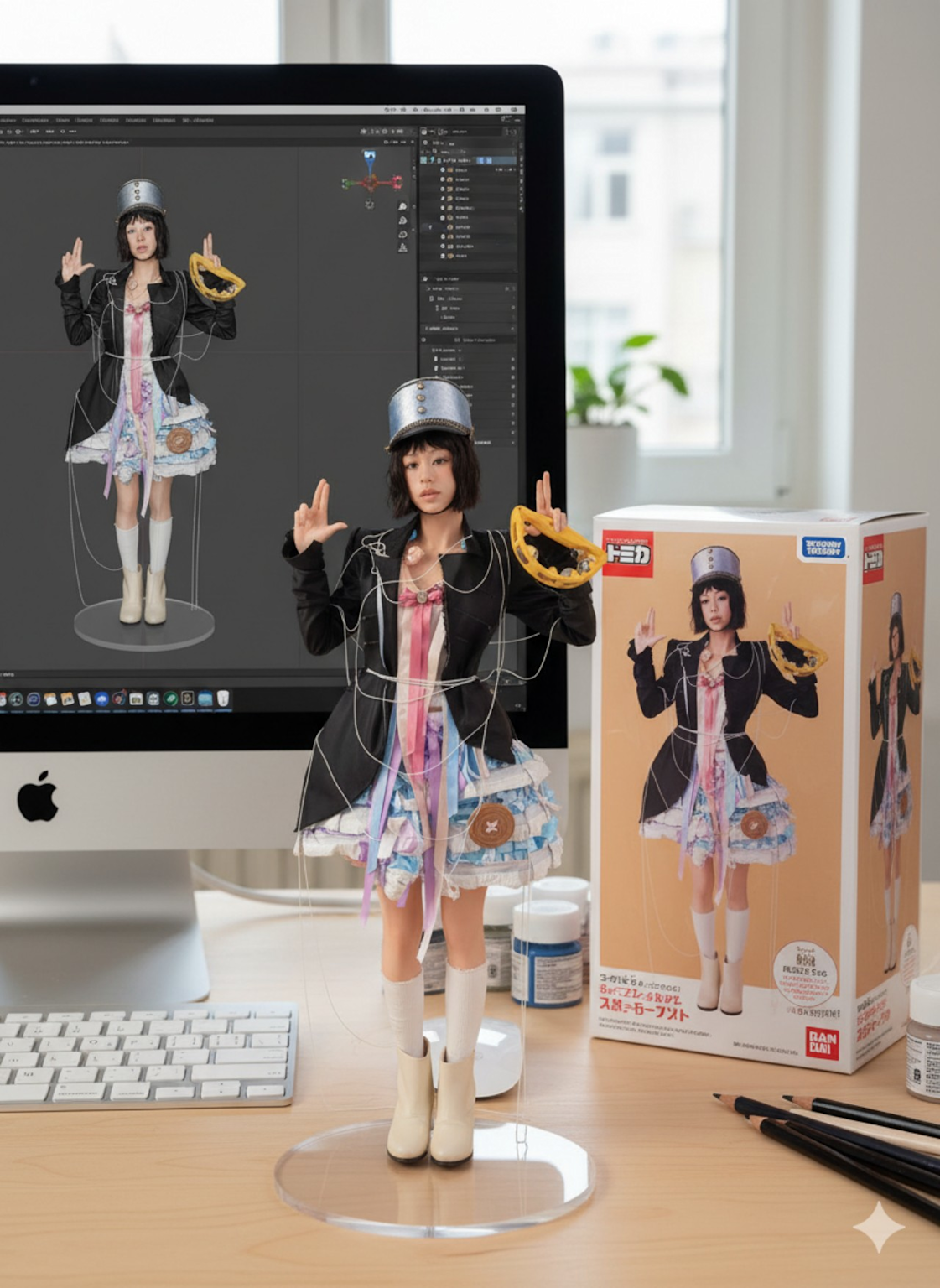 3D figurine of Nano Banana character alongside its digital model and packaging, showing the blend of 3D design and physical action figure