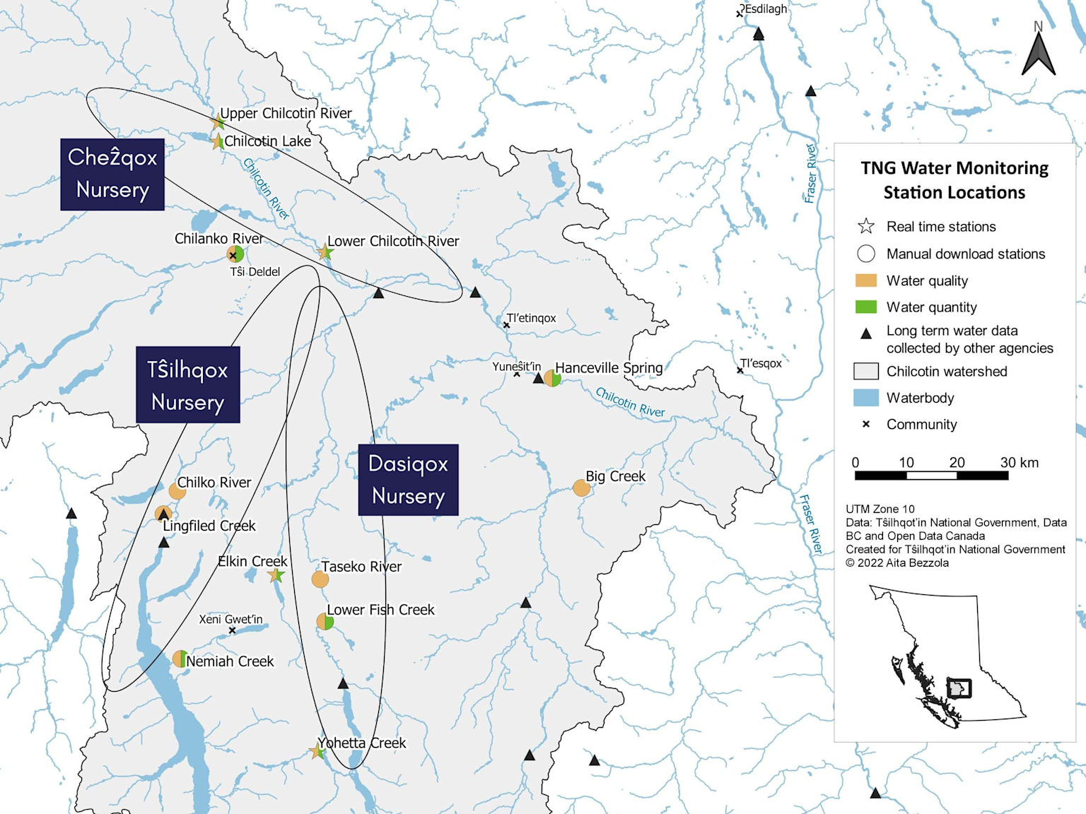 Map of Chilcotin watershed showing locations of water monitoring stations and nurseries with real-time and manual data collection for water quality and quantity
