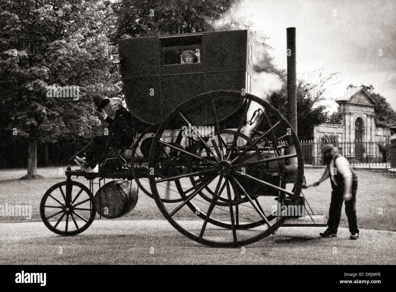 A Victorian hansom cab horse-drawn carriage on a London street