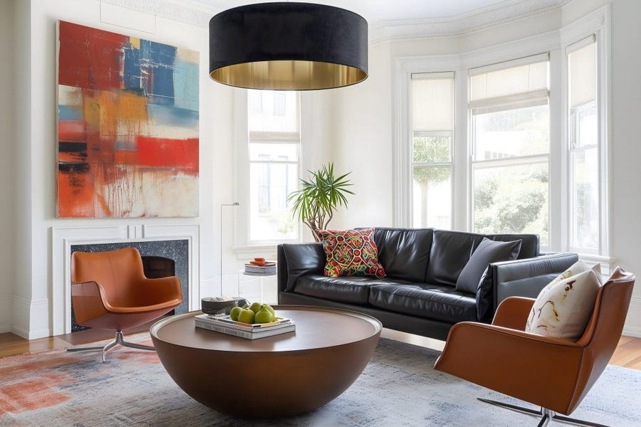 A clean and modern living room with leather furniture, bright natural lighting, and organized decor