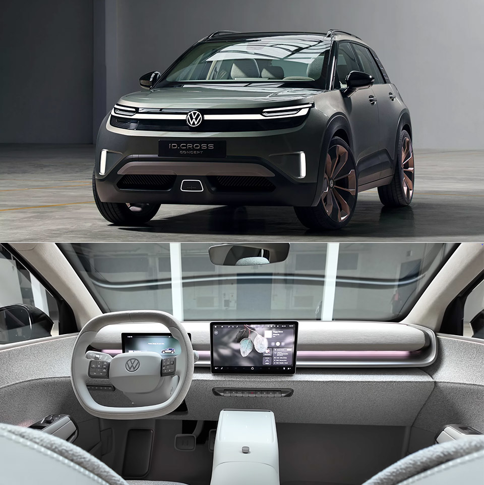 Front view and interior dashboard of the Volkswagen ID.Cross concept showcasing its modern electric design and spacious cabin layout