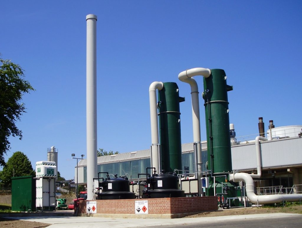 Industrial odour control stacks and scrubbers at a chemical manufacturing facility