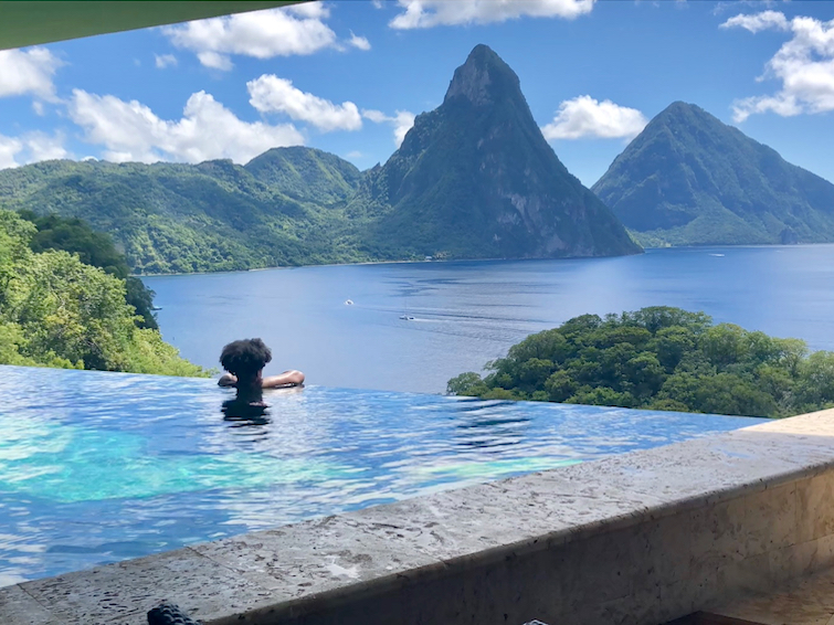 Infinity pool at Jade Mountain Resort in St Lucia with breathtaking views of the Pitons volcanic peaks