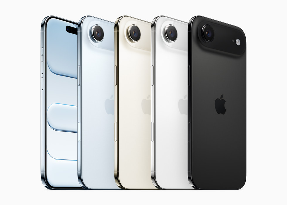The iPhone Air shown in five distinct colors: Sky Blue, Light Gold, Cloud White, and Space Black
