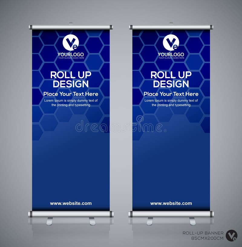 Modern pull-up banner design with dynamic blue and orange geometric shapes, contemporary color blocking, placeholder text areas, and professional layout suitable for technology and innovation businesses