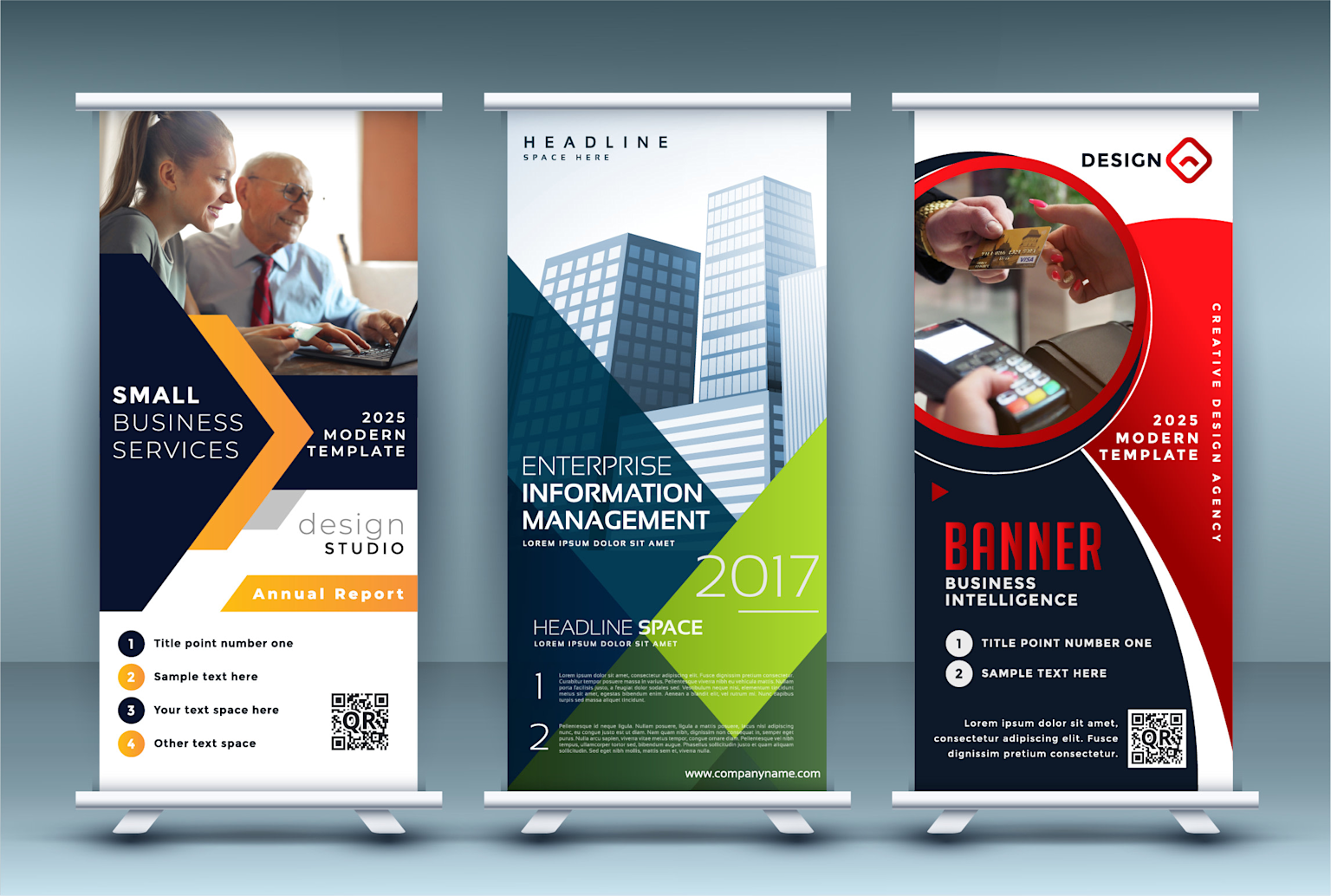 Modern pull-up banner design template featuring urban skyline graphics, clean typography layout, professional color scheme, and organized sections for corporate information and call-to-action elements