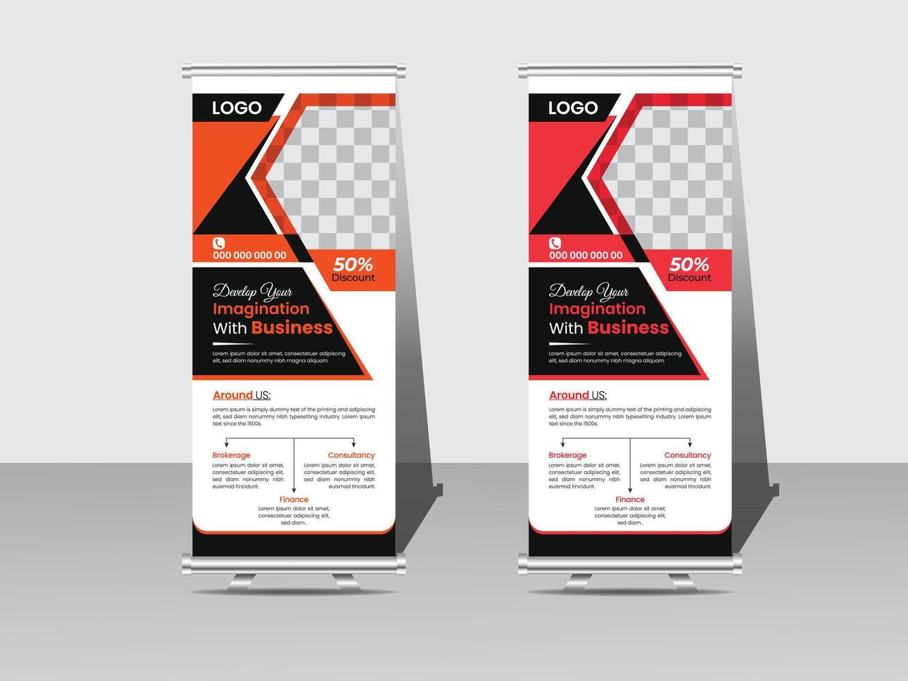 Two modern pull-up banner stand designs featuring circular photo placeholders, green and purple color themes, professional layout structure, and balanced geometric elements for contemporary business presentations