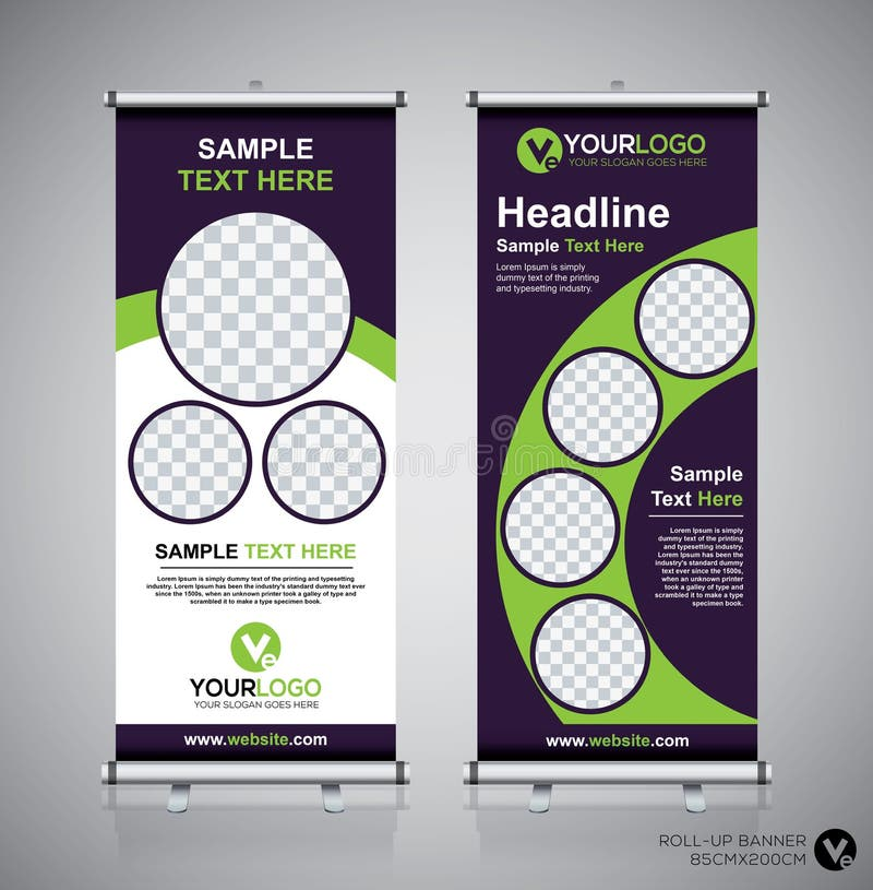 Modern pull-up banner design featuring blue hexagonal geometric pattern background, placeholder text areas, and corporate branding elements representing connectivity and innovation in business design