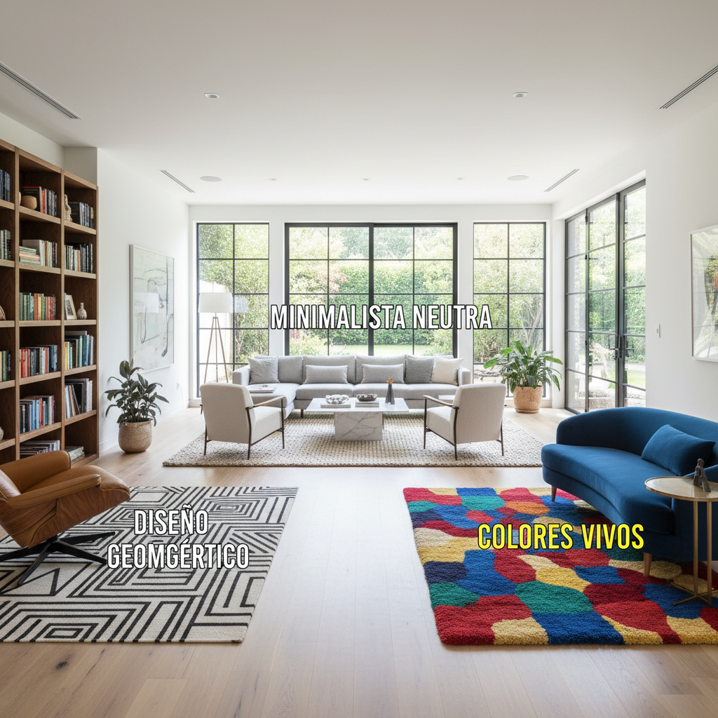 Sala de estar con alfombra neutra, alfombra colorida, y alfombra geométrica, texto en español.