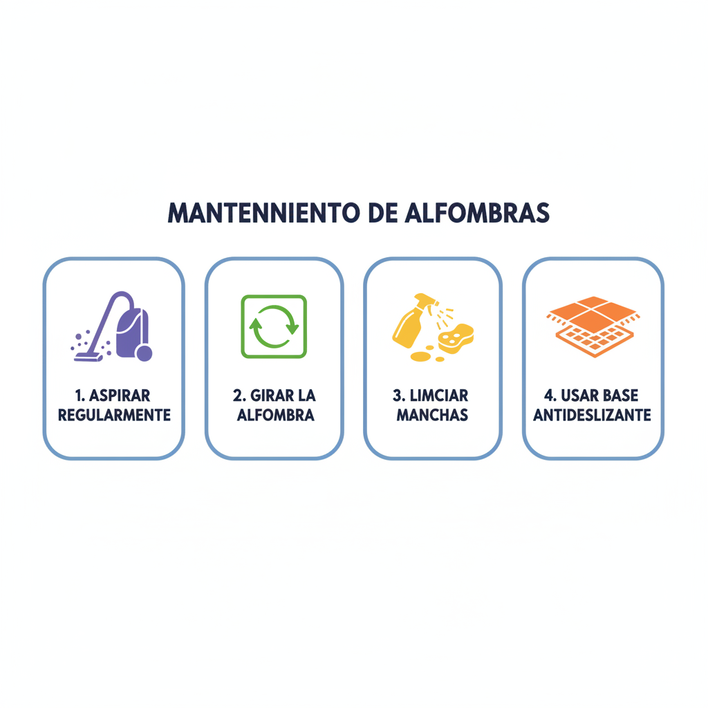 Ilustración de pasos para el mantenimiento de una alfombra con texto en español.