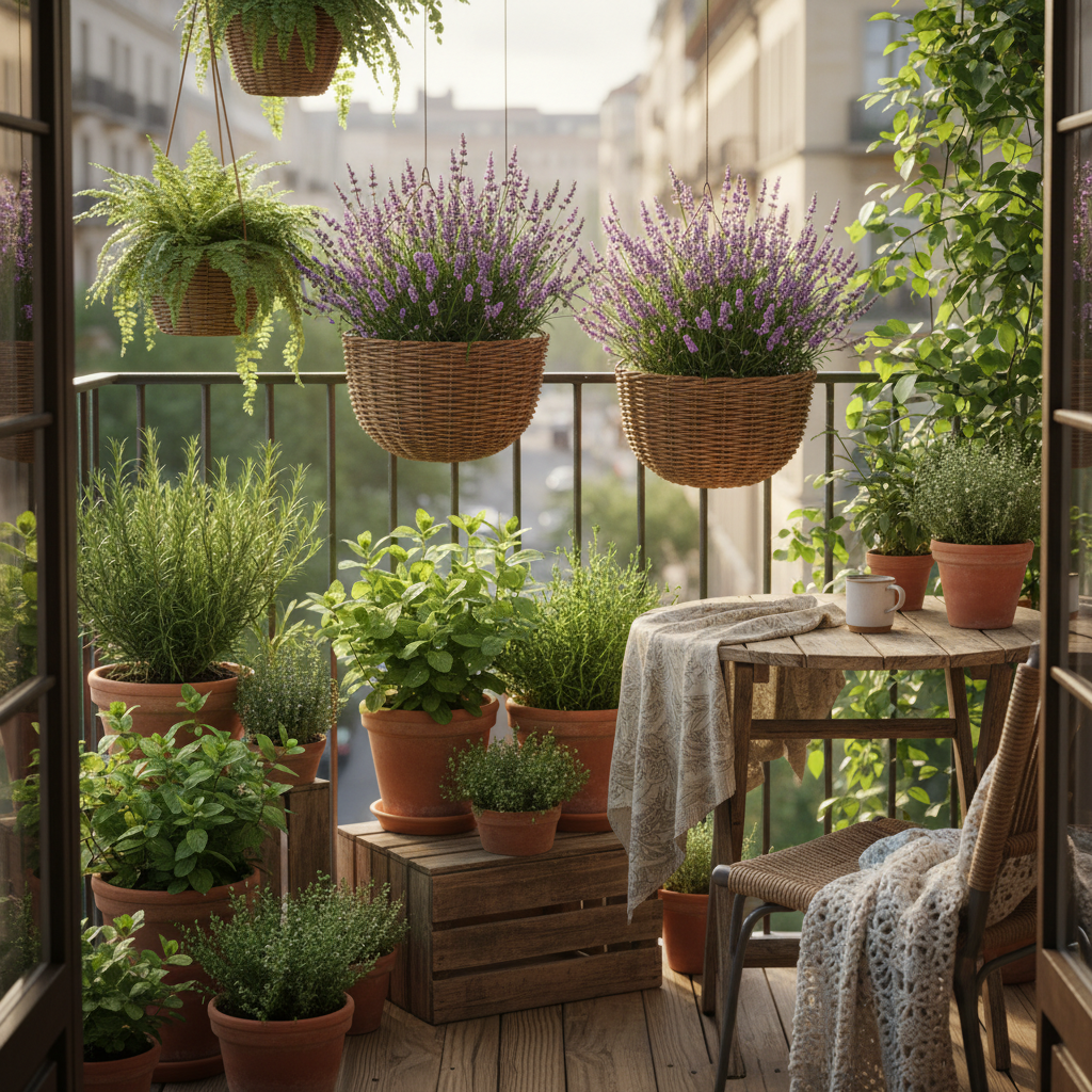 Balcón urbano pequeño con macetas colgantes y plantas aromáticas