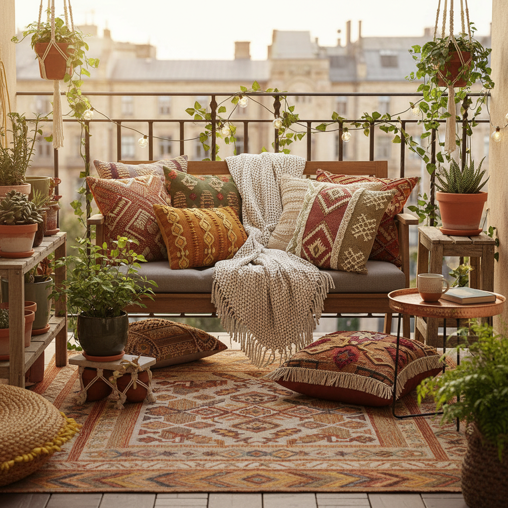 Balcón acogedor bohemio con cojines coloridos, manta y sofá de madera