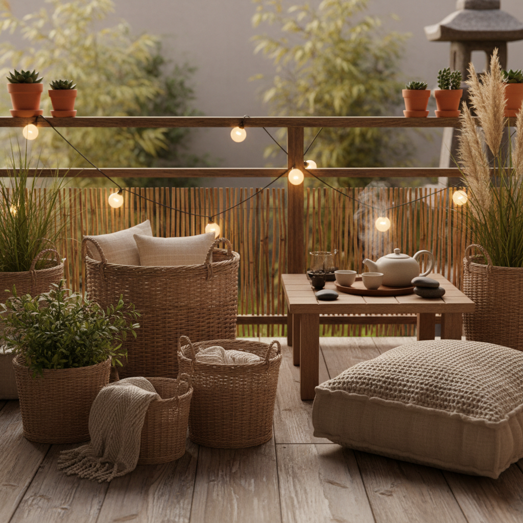 Balcón rústico sencillo con cestas y luces suaves estilo zen