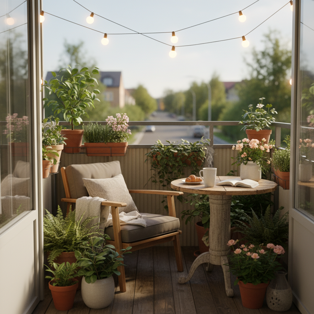 Balcón pequeño y acogedor con plantas, silla de madera, mesa y luces cálidas