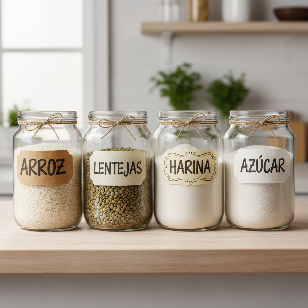 Frascos de vidrio con etiquetas artesanales y contenido variado