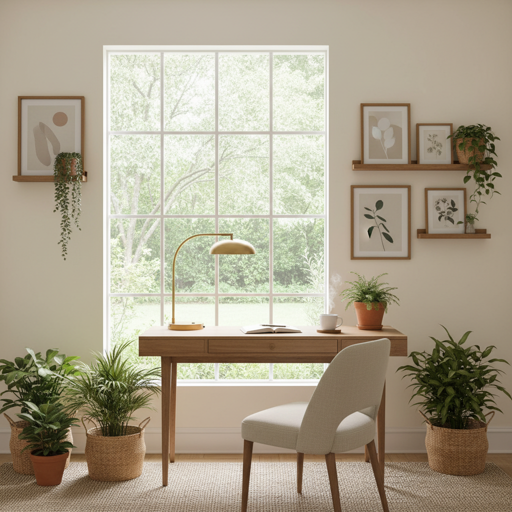 Oficina en casa con luz natural, lámpara cálida y plantas