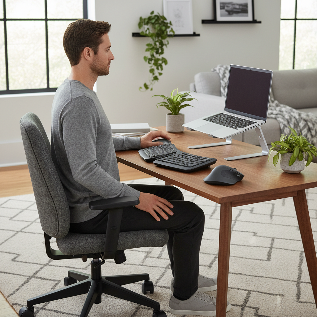 Persona trabajando en home office con laptop elevada y postura ergonómica