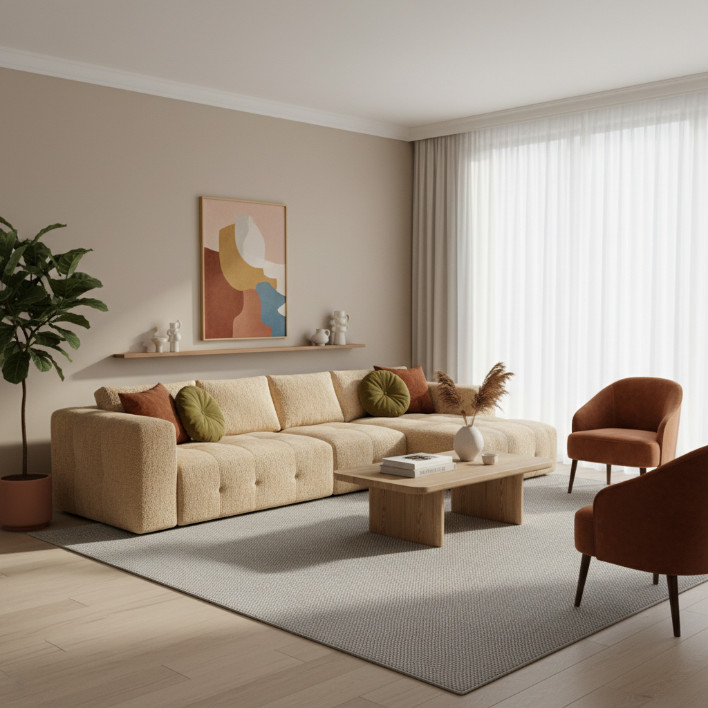 Sala de estar moderna con sofás centrados y luz natural