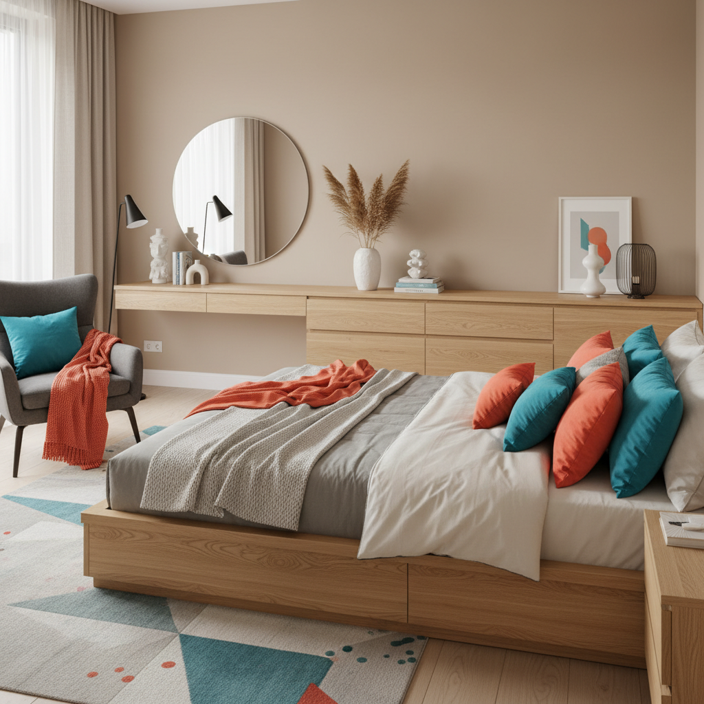 Dormitorio con decoración neutra y toques vibrantes