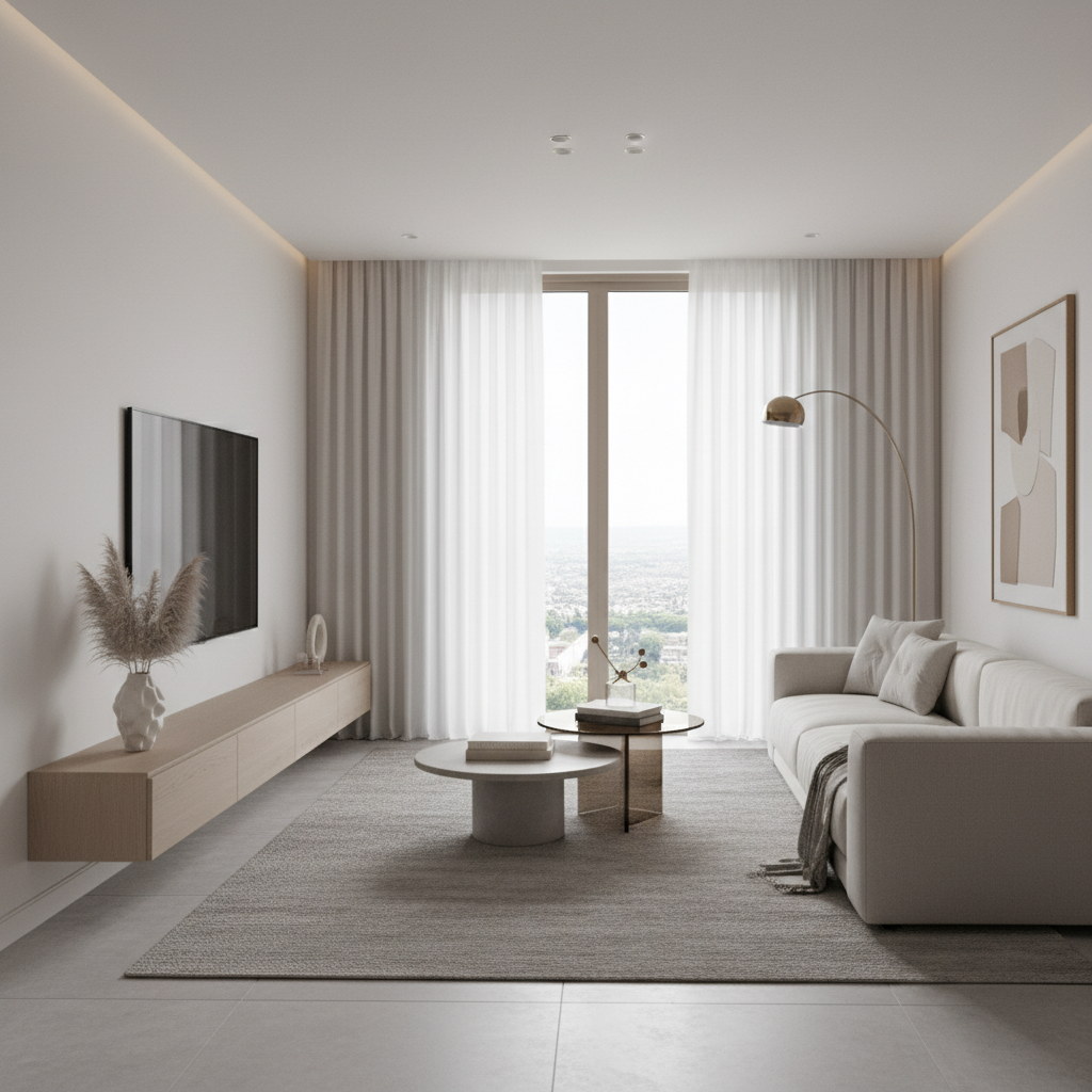 Sala minimalista con pocos accesorios y espacio despejado
