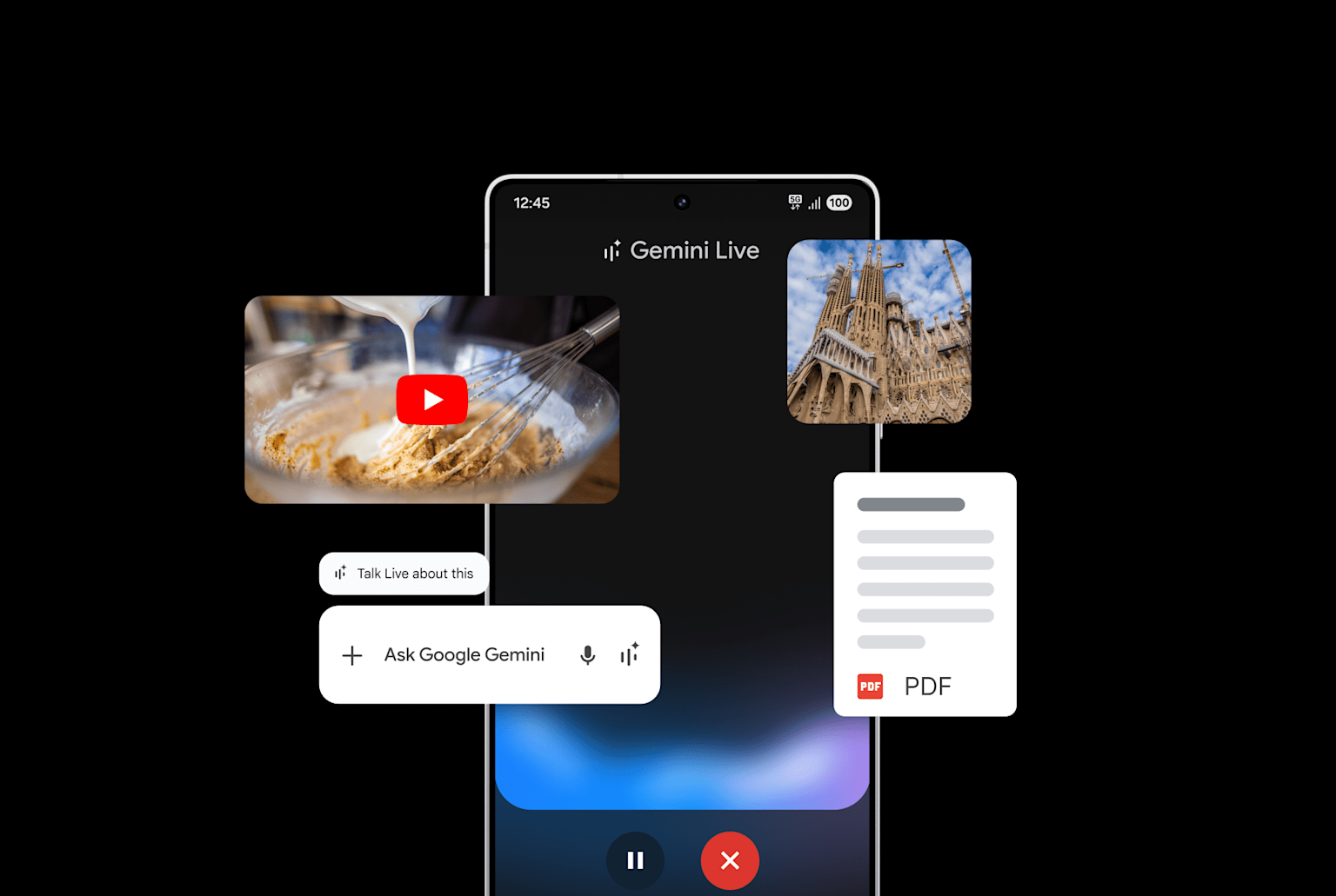 Google Gemini Live interface showing interactive multimedia elements and voice input options