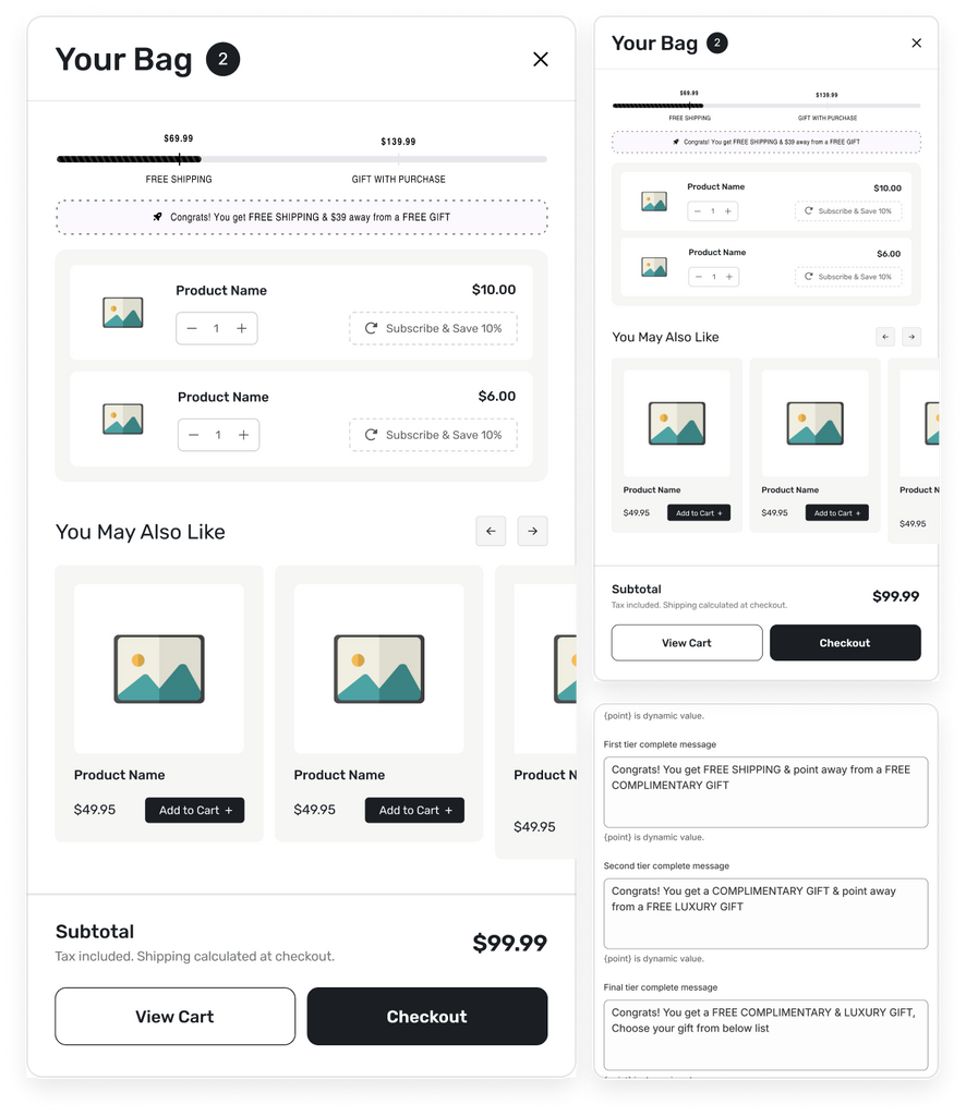Shopify floating cart drawer showing product summary and recommendations