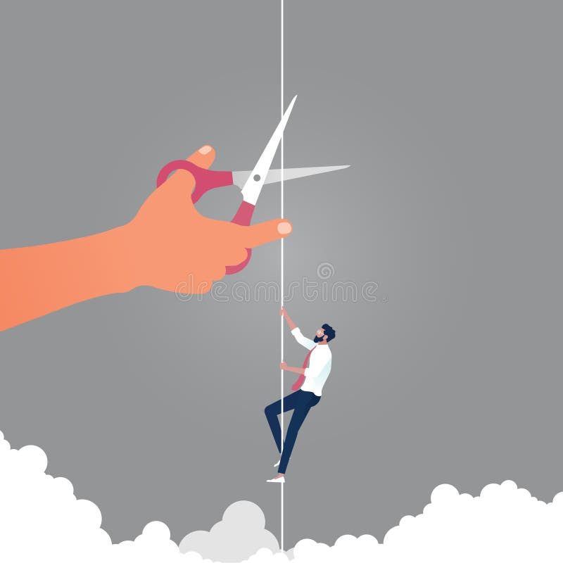 Illustration of a man climbing a rope about to be cut by large scissors, symbolizing the metaphor that choosing means cutting something off.