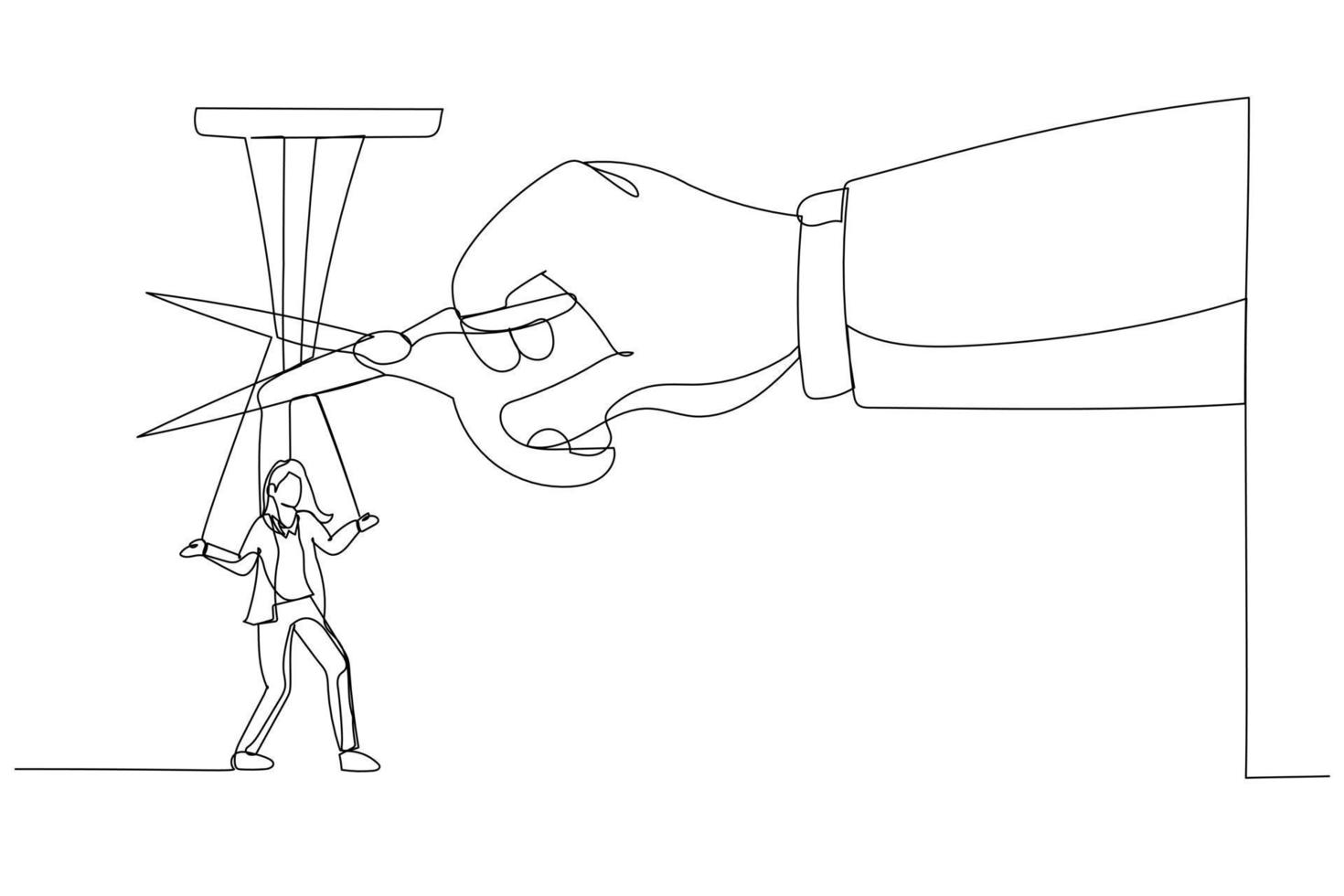 Line drawing of a giant hand cutting puppet strings to symbolize decision-making as cutting off alternatives.