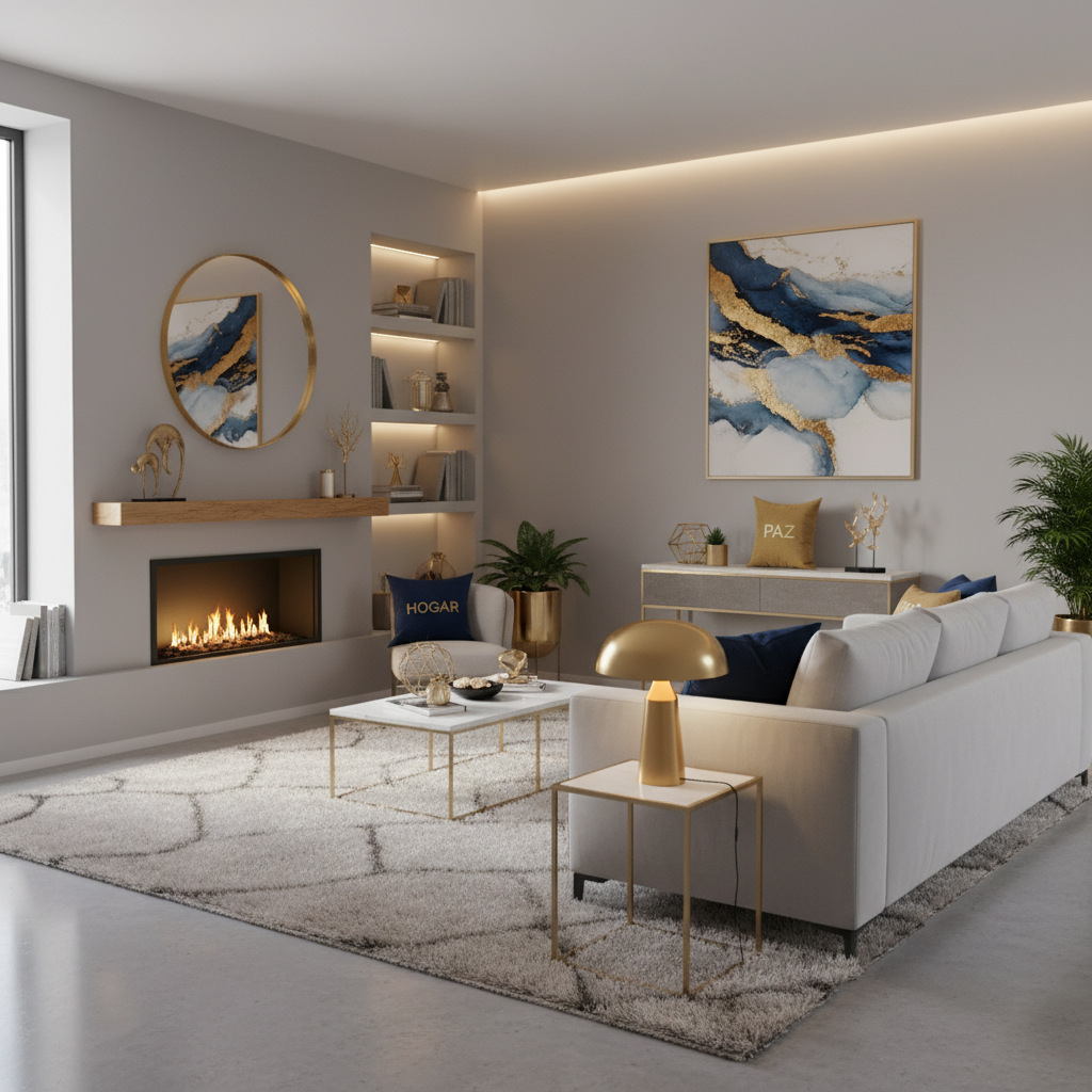 Sala moderna con tonos grises claros, sofá blanco, cojines azul marino y detalles dorados, estilo elegante.