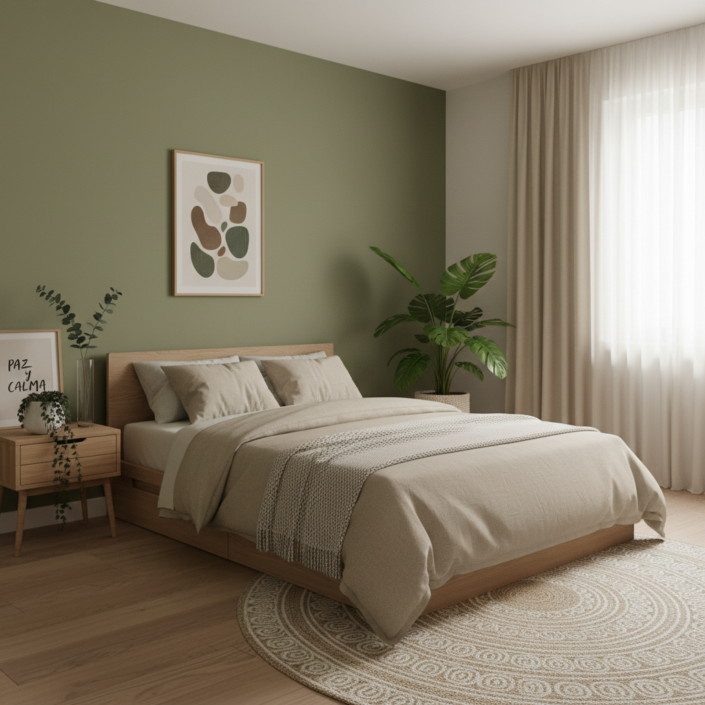 Dormitorio minimalista verde oliva y beige, plantas y madera, estilo relajante y orgánico.